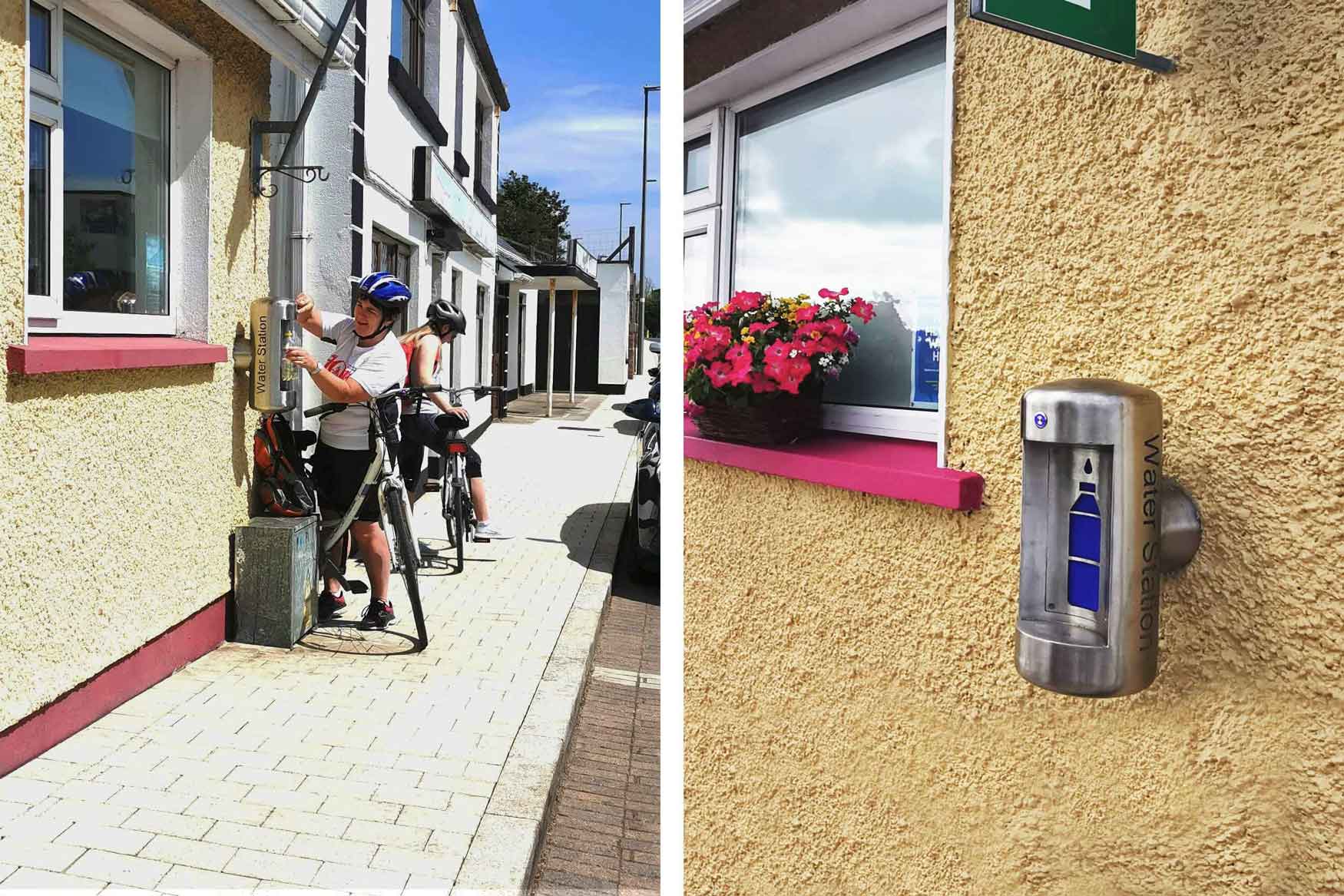 Cyclist refilling her water bottle on the left and
                    a close-up of Water Station on the right