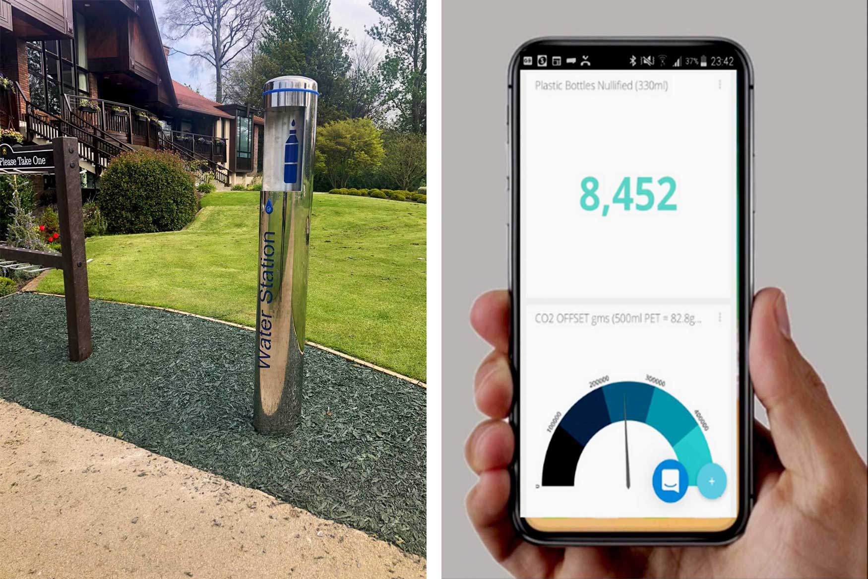 Water Station on the left and a phone screen 
                    with Water Station data on the right