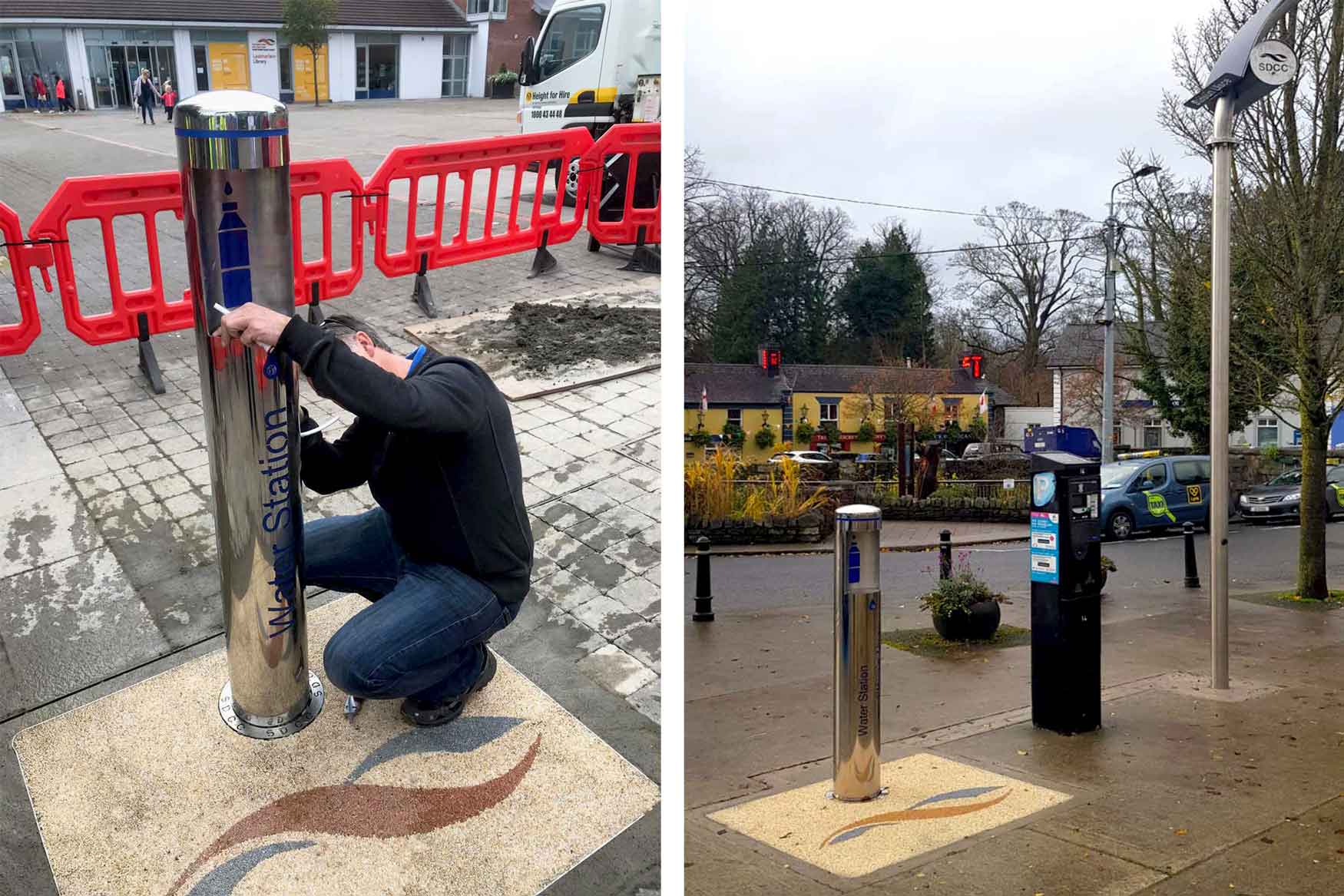 Man installing a Water Station on the left 
                    and a Water Station with solar panel on the right