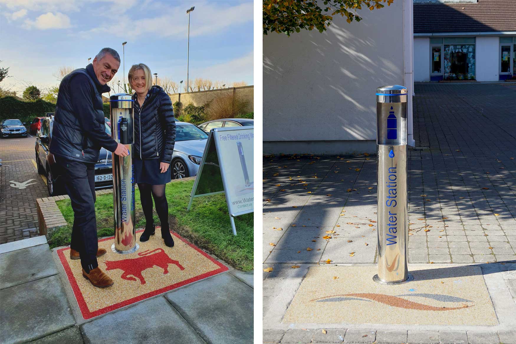 A man and a woman using a Water Station on the left and 
                    a lone Water Station on the right